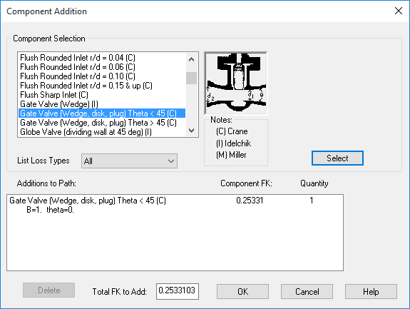 Built-in K-factor calculator for fluid modeling of valves and losses
