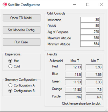 Demo interface to configure a satellite and orbit, run a case, and view SINDA results